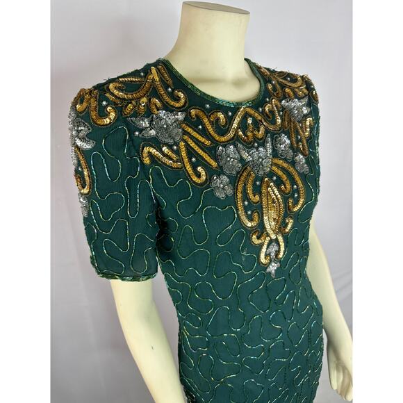 Vintage 90s Silk Cocktail Dress Fully Beaded Sequins Green size small petite - Picture 4 of 12